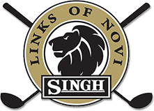 A logo for links of novi singh with a lion and crossed golf clubs