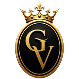 Gold crown above a black oval emblem with overlapping gold initials G and V