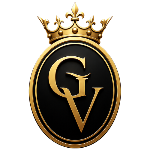 Gold crown above a black oval emblem with overlapping gold initials G and V