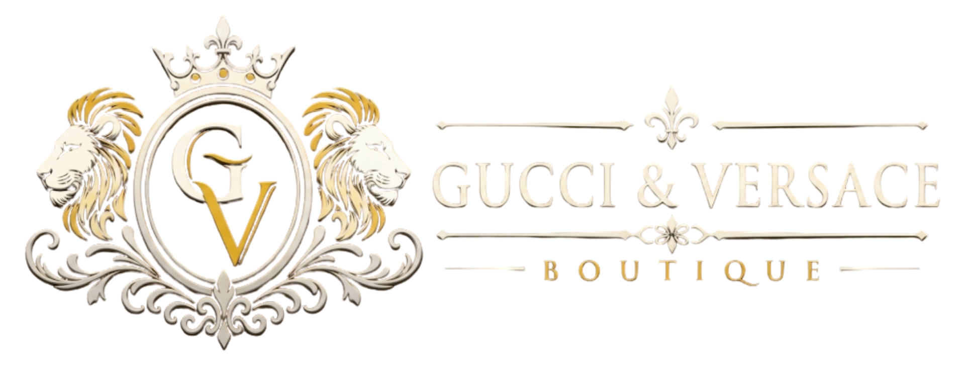 Purple Gucci & Versace Boutique logo with crowned shield and lion heads
