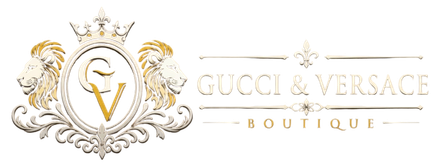 Purple Gucci & Versace Boutique logo with crowned shield and lion heads
