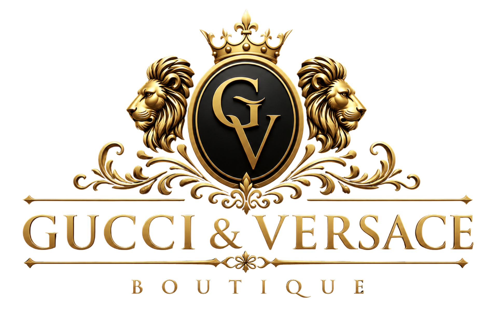 Purple Gucci & Versace Boutique logo with crowned crest and lion heads