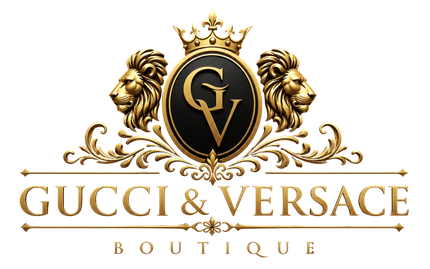 Purple Gucci & Versace Boutique logo with crowned crest and lion heads