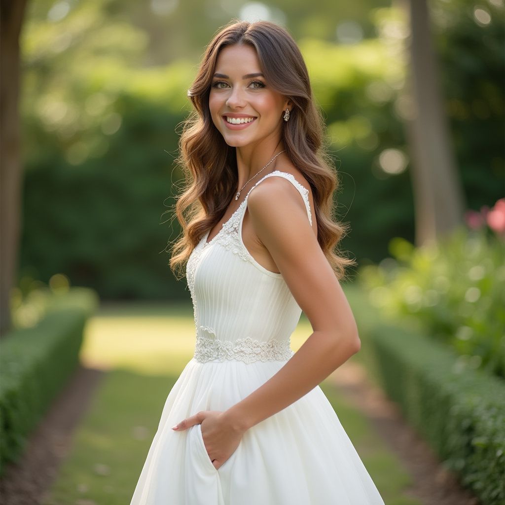 Woman in white dress smiles, hand in pocket, outdoors. Pathway with greenery and trees in the background.