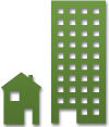 silhouette of a green building with a house in front of it .