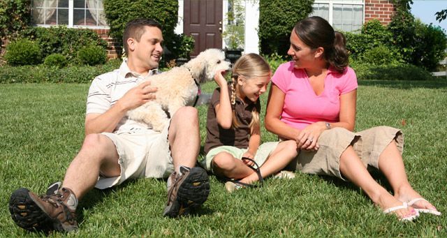 a family is sitting on the grass with a dog .