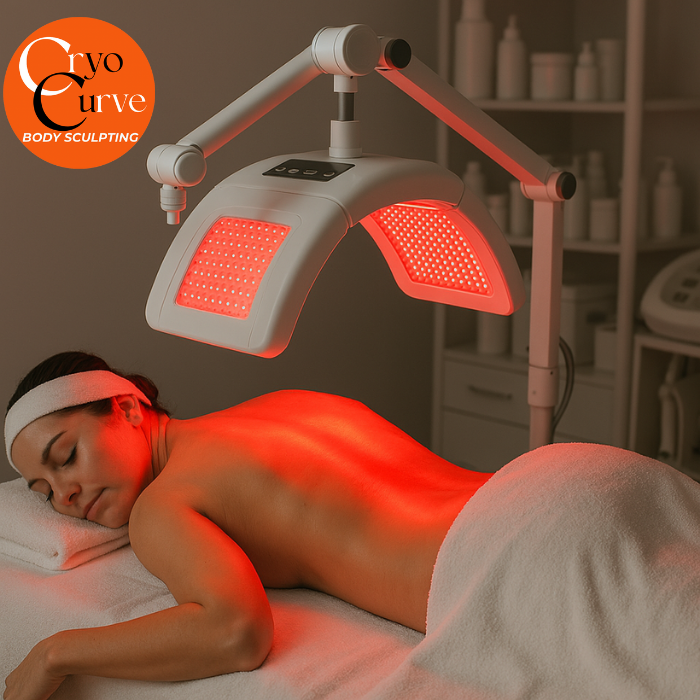 A person undergoing CoolSculpting treatment on their abdomen; two applicators are placed on the skin.