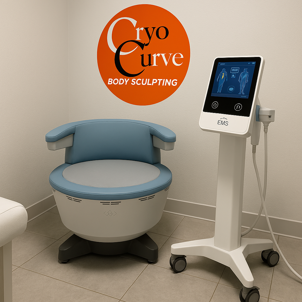 CryoCurve body sculpting treatment room with chair and control panel. Orange logo on the wall.
