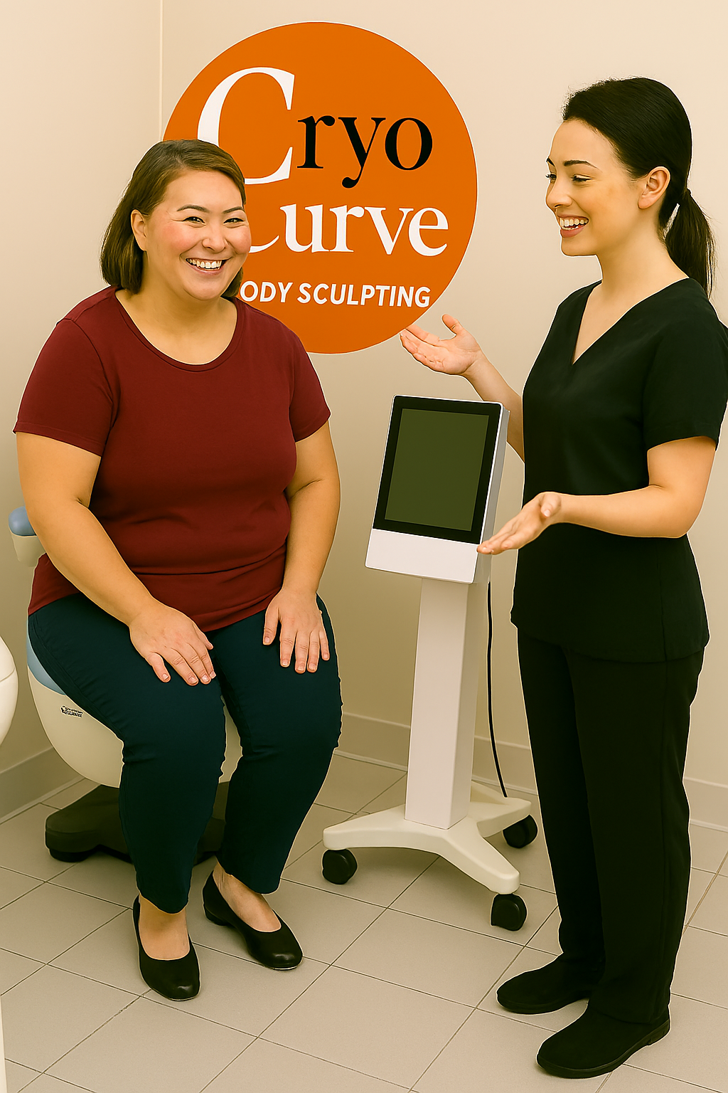 A woman smiles while talking with a practitioner in a body sculpting clinic, with a tablet on a stand nearby.