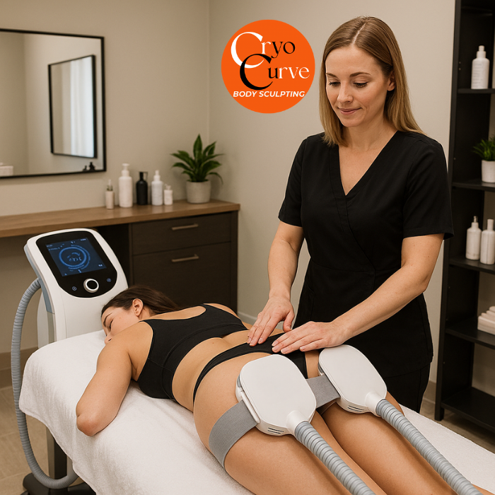 Woman receiving Cryo Curve body sculpting treatment on her buttocks. Therapist in black scrubs. White equipment.