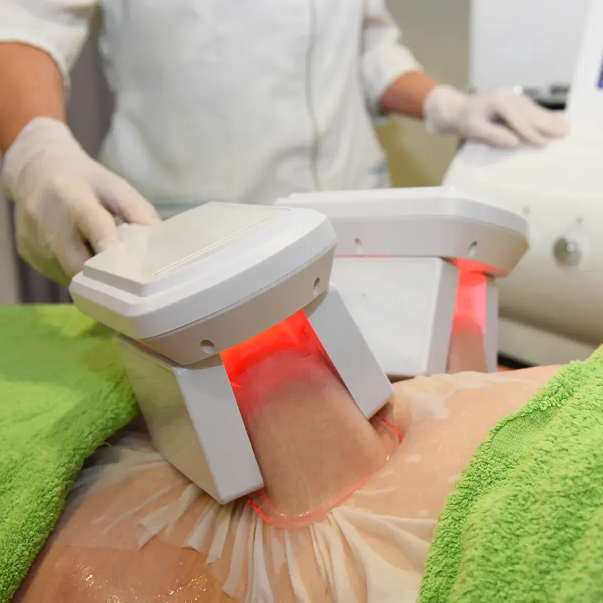 A person undergoing CoolSculpting treatment on their abdomen; two applicators are placed on the skin.