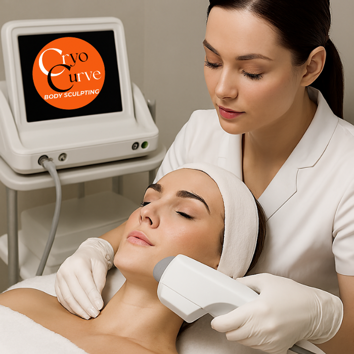 Woman receiving cryo facial treatment; technician with white gloves, machine, and screen displaying 