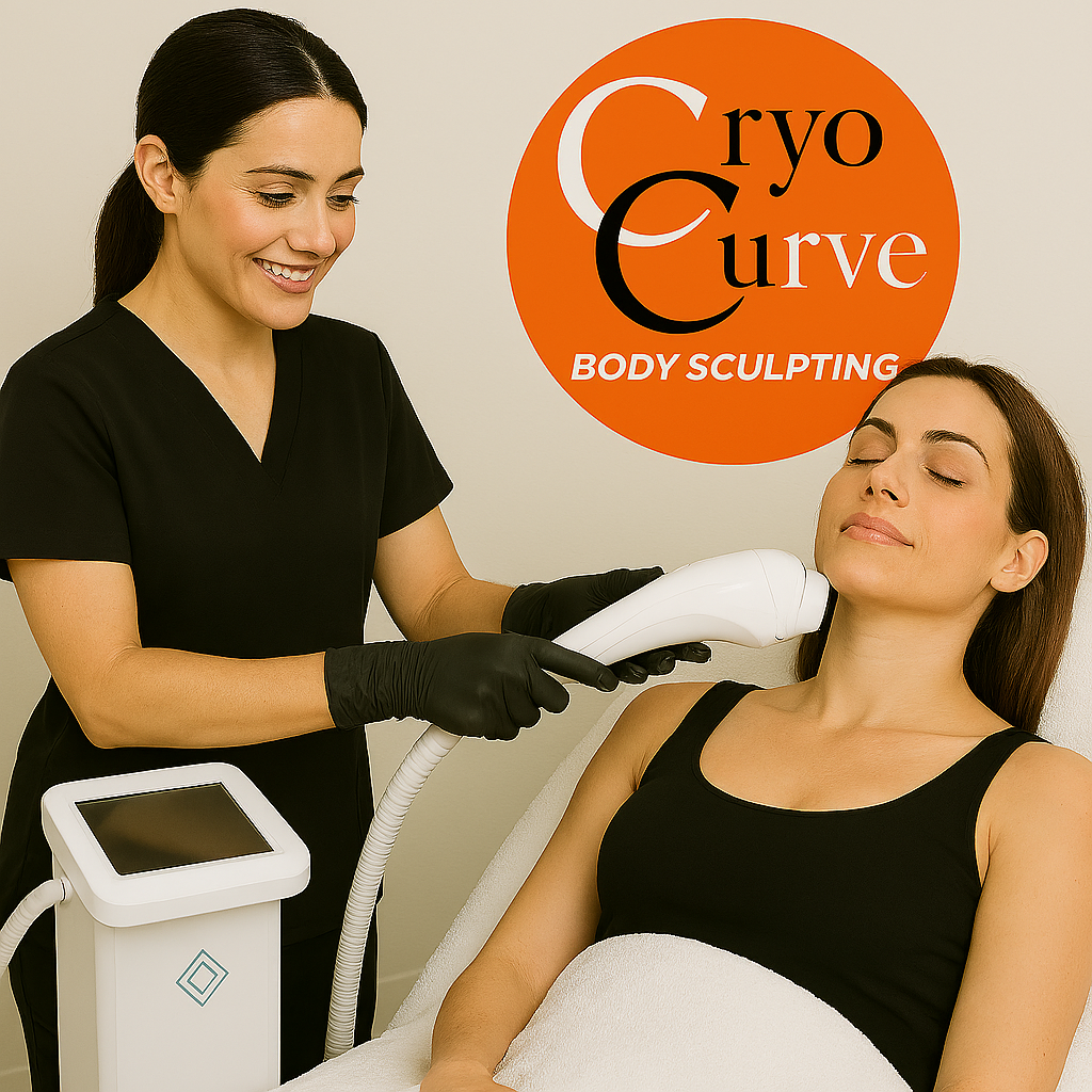 Woman receiving cryotherapy facial, smiling, in a clinic.