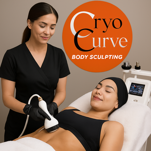Woman receiving CryoCurve body sculpting treatment at a spa; therapist holding applicator, smiling.