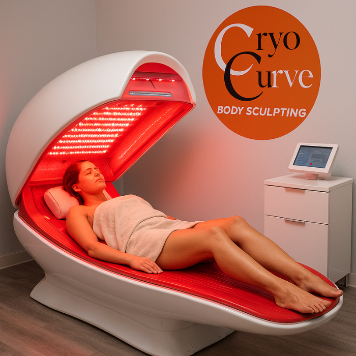Woman in a white body sculpting machine with red light, relaxing at a CryoCurve center.