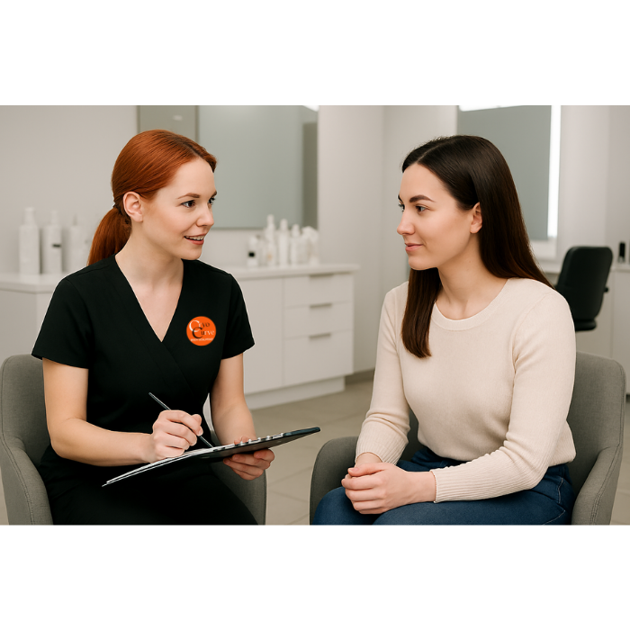 Woman in black uniform with a clipboard consults with another woman in a light sweater indoors.