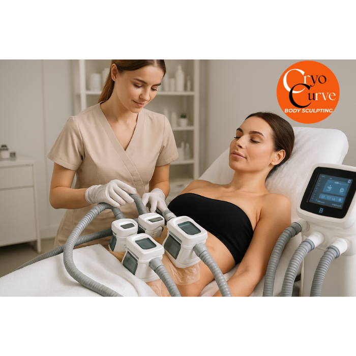 Woman receiving Cryo Curve body sculpting treatment in a clinic. A technician monitors the process.