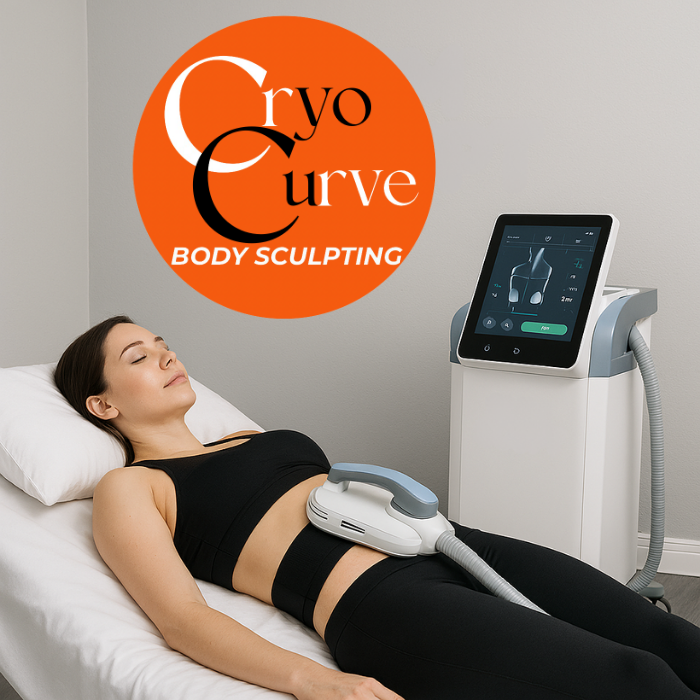 Woman receiving Cryo Curve body sculpting treatment. Clinic setting with a machine and logo in the background.