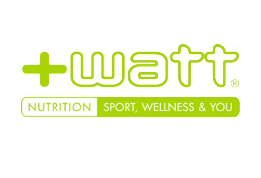 Logo per +watt con testo verde lime e slogan che recita NUTRIZIONE, SPORT, BENESSERE E TU.