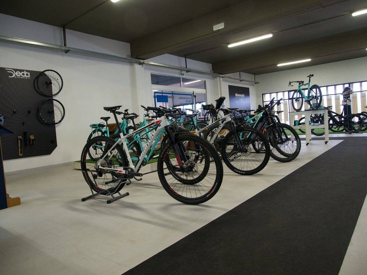 Una fila di mountain bike esposte in uno showroom interno luminoso e spazioso con pavimento in cemento e un tappeto nero.