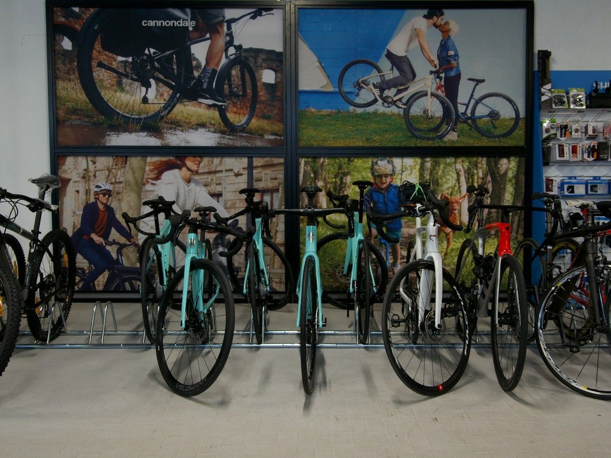 Una fila di biciclette parcheggiate su una rastrelliera metallica all'interno di un negozio, con poster di ciclisti esposti sulla parete alle loro spalle.