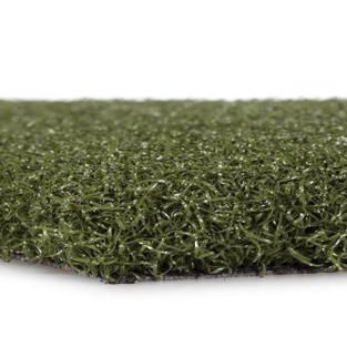 A close up of a piece of green artificial grass on a white background.