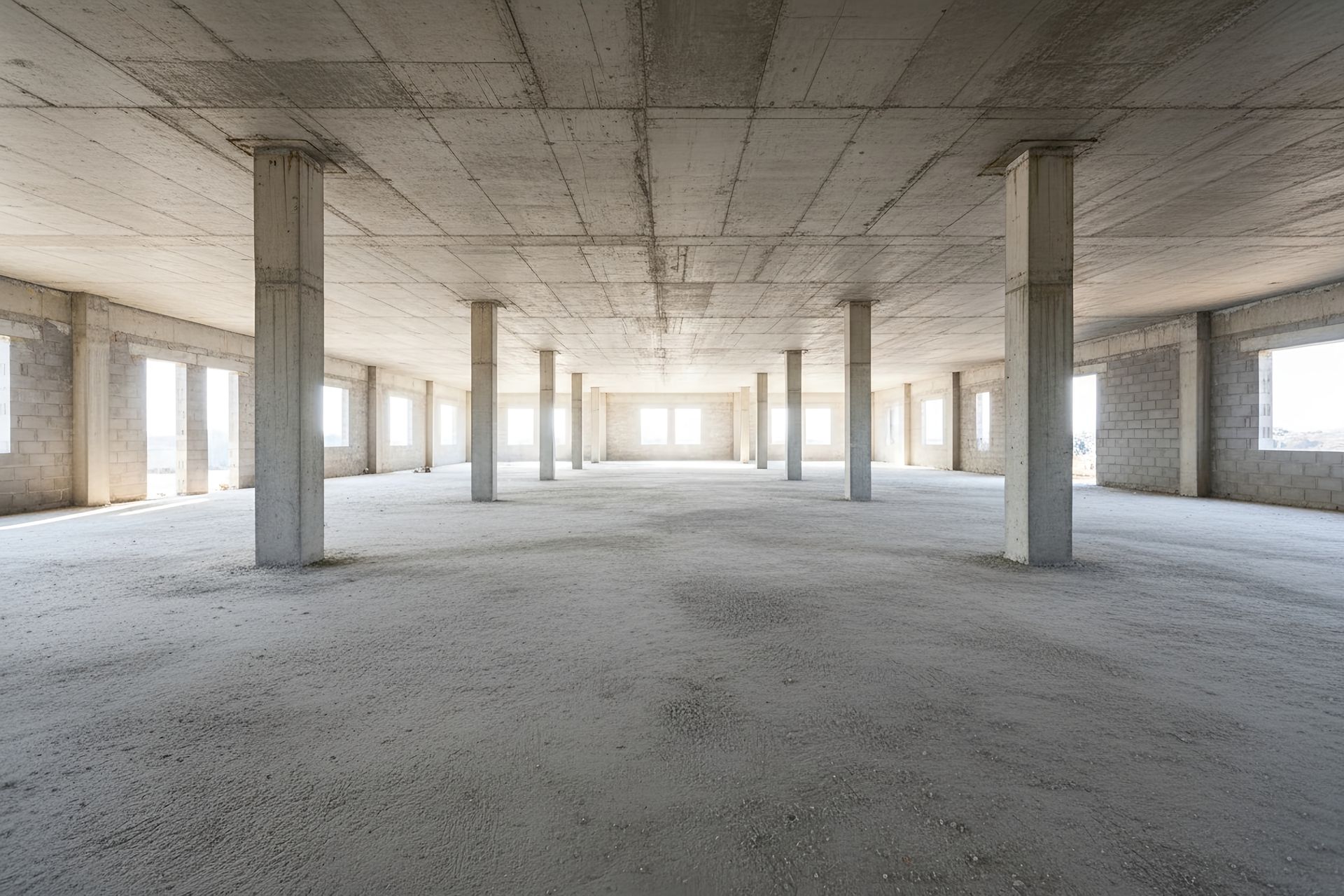 Empty concrete interior with columns, unfinished construction. Windows along the walls.