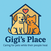 Logo: Dog and cat in a house shape, Gigi's Place. Caring for pets while their people heal.
