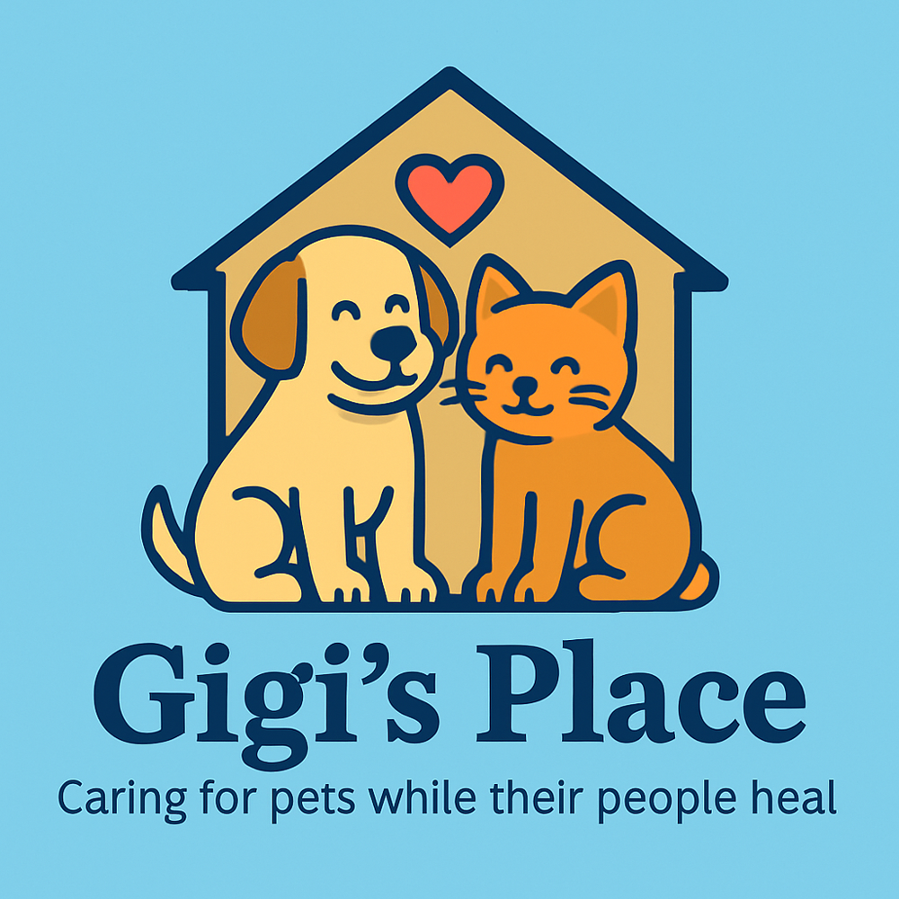 Logo: Dog and cat in a house shape, Gigi's Place. Caring for pets while their people heal.