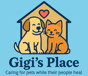 Logo for Gigi's Place, a pet care service. A smiling dog and cat under a house with a heart, text: Gigi's Place.