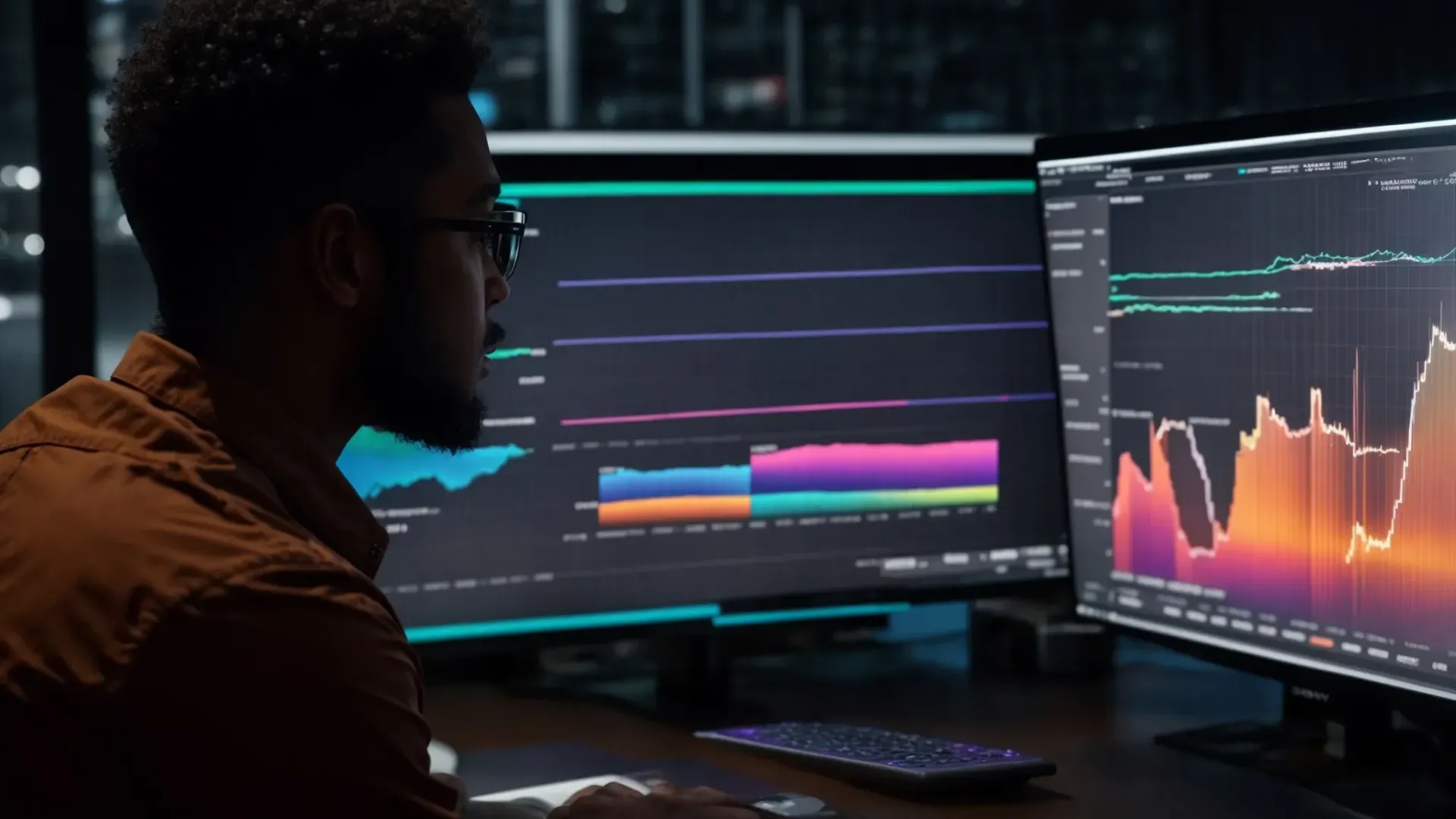 A man is sitting in front of two computer monitors.