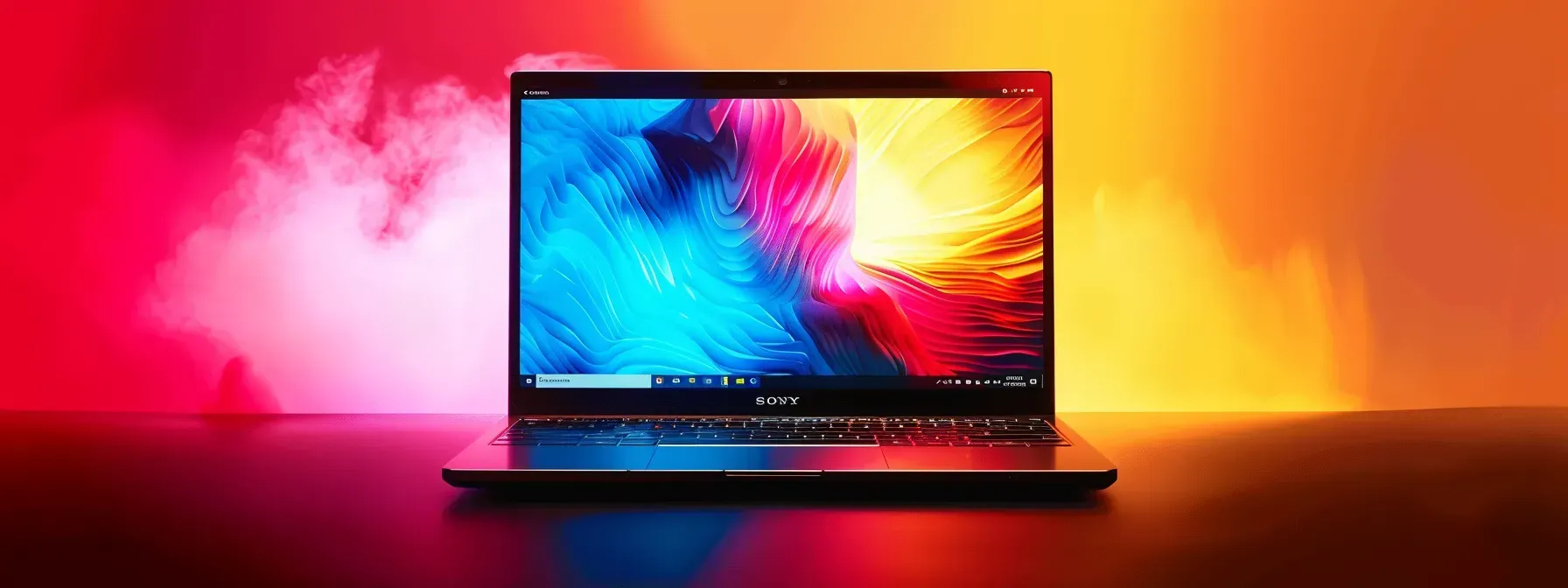 A laptop computer is sitting on a table in front of a colorful background.