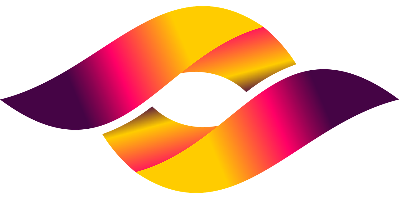 A yellow and purple logo with a white circle in the middle