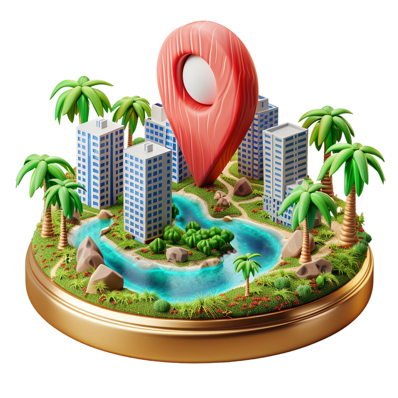 A 3d rendering of a city with a red pin in the middle.