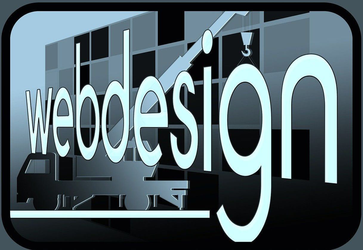 A logo for webdesign with a building in the background