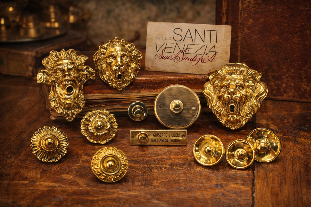 Un assortimento di elementi decorativi in ​​metallo dorato, tra cui teste di leone e pezzi circolari, disposti su una superficie di legno rustico.