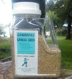 Grandpa’s Grass Seeds in a transparent plastic container