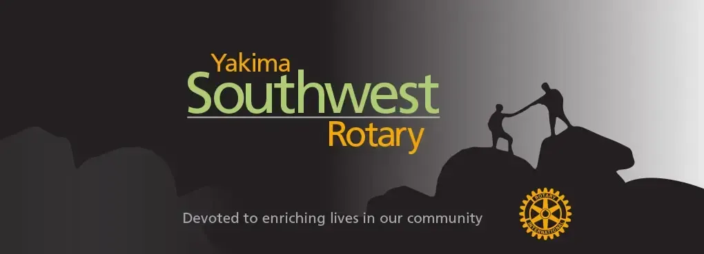 Yakima Southwest Rotary logo: Silhouettes of people helping each other climb a mountain, Rotary wheel at the bottom.