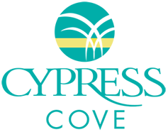 A blue and yellow logo for cypress cove
