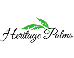 A logo for heritage palms with two green leaves on a white background.