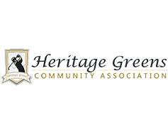 The logo for the heritage greens community association shows a man swinging a golf club.