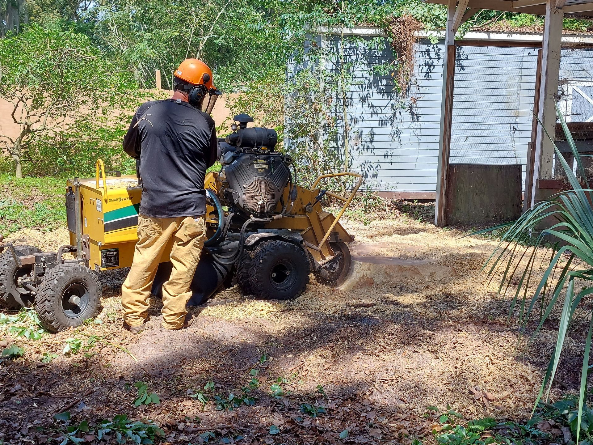 Stump grinder in action tree cut nature is destroyed - Fleming Island, FL - Duce Tree Service