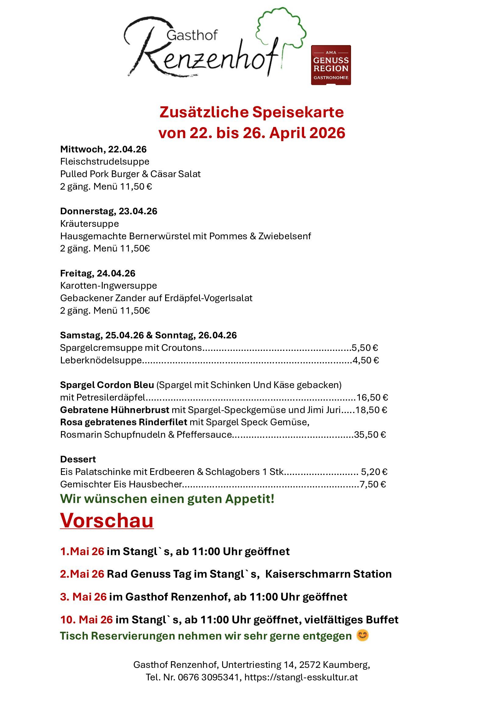 Speisekarte 22.04. bis 26.04.2026