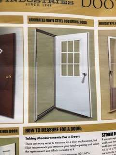 Diagram showing a white steel exterior door with a screen, used for measuring and replacement instructions.