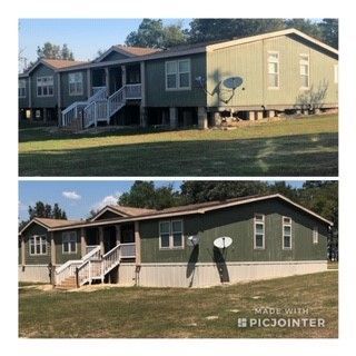 Two-panel split showing a green mobile home with white stairs and trim set on a grassy lawn, in front of trees under a blue sky.