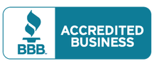 The bbb logo is blue and white and says accredited business.