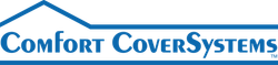 A blue and white logo for comfort cover systems