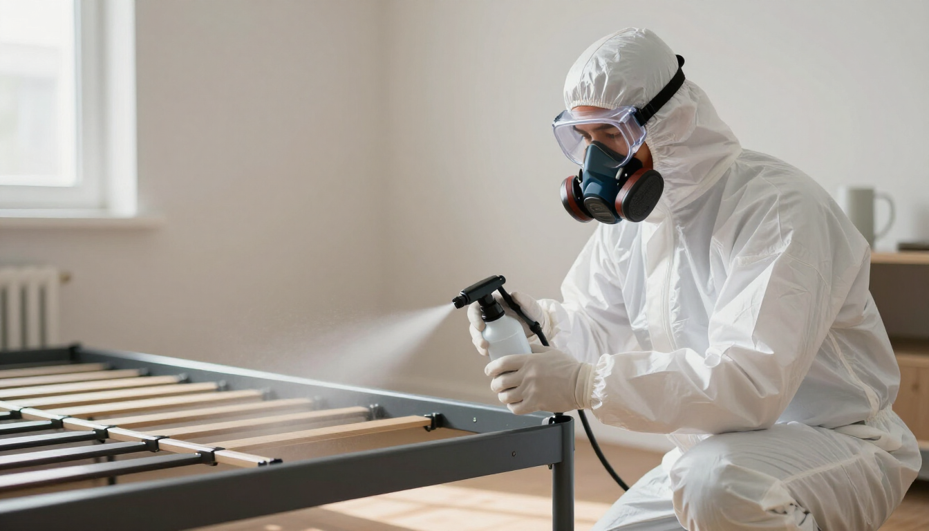 Técnico realizando fumigación de chinches profesional