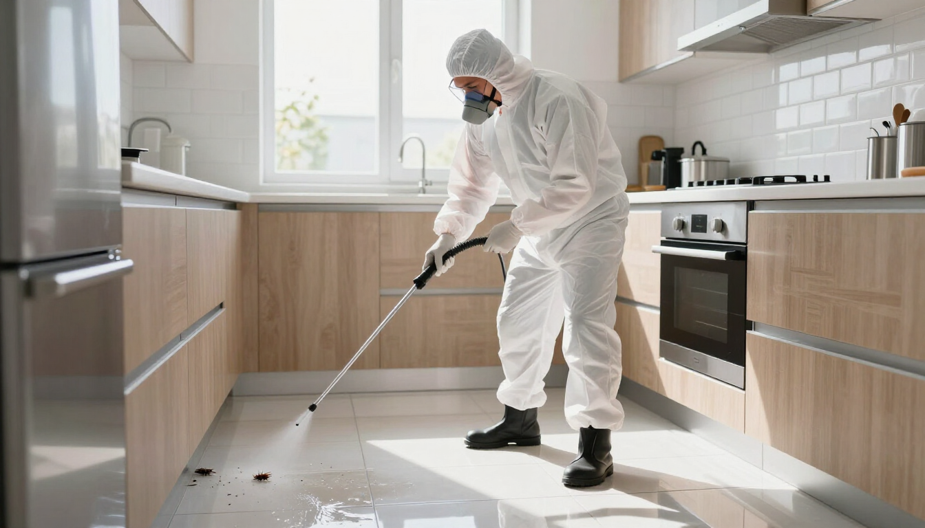 Técnico realizando fumigación de cucarachas en una cocina residencial