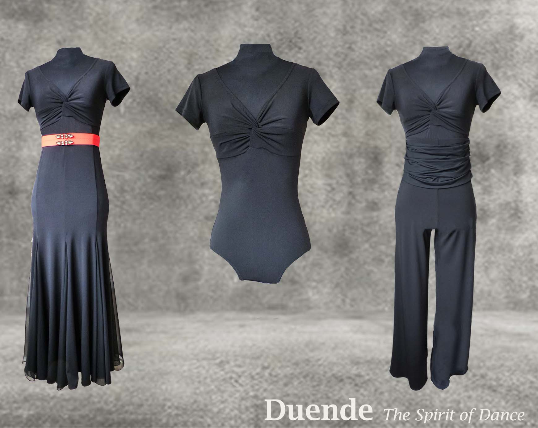 Ballroom trousers in crepe with cummerbund waist detail, twist front crepe leotard and 8 panel ballroom skirt in crepe with georgette godets.